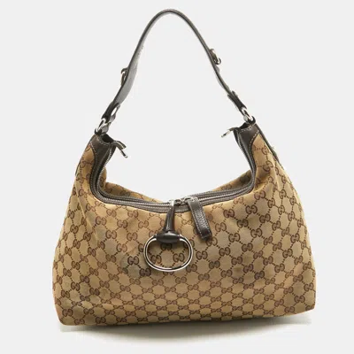 Pre-owned Gucci Brown/beige Gg Canvas And Leather Medium Icon Bit Hobo