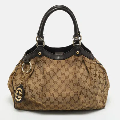 Pre-owned Gucci Brown/beige Gg Canvas And Leather Medium Sukey Tote