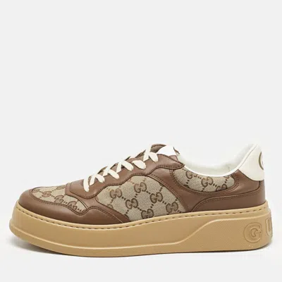 Pre-owned Gucci Brown/beige Gg Canvas And Leather Screener Low Top Sneakers Size 45.5