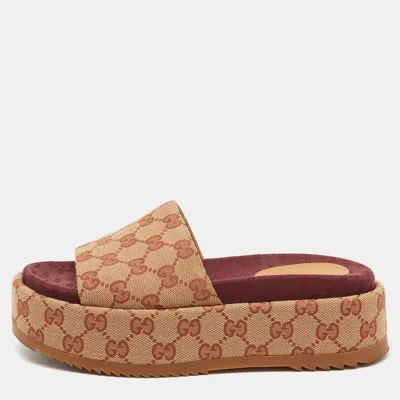 Pre-owned Gucci Brown/beige Gg Canvas Angelina Platform Slide Sandals Size 36.5