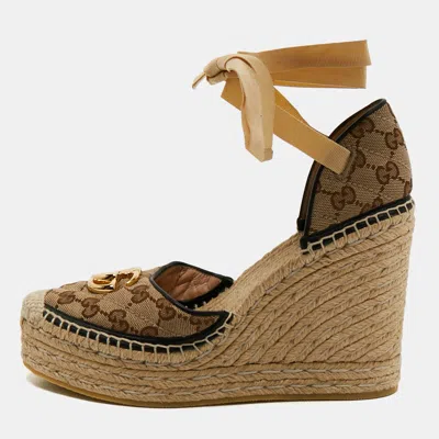 Pre-owned Gucci Brown/beige Gg Canvas Pilar Ankle Tie Espadrille Wedge Pumps Size 39