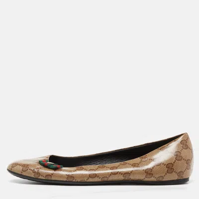 Pre-owned Gucci Brown/beige Gg Crystal Canvas Web Bow Ballet Flats Size 40.5