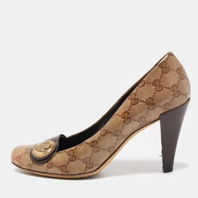 Pre-owned Gucci Brown/beige Gg Supreme Canvas And Leather Hysteria Pumps Size 39