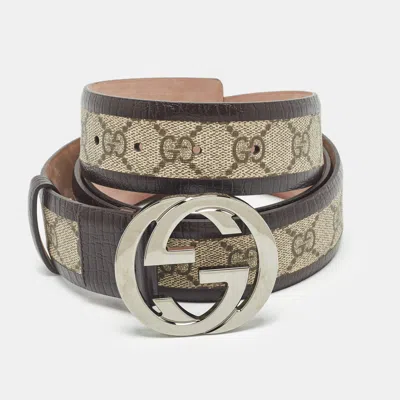 Pre owned Gucci Brown beige Gg Supreme Canvas And Leather Interlocking G Belt 120cm ModeSens