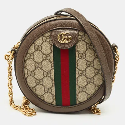 Pre-owned Gucci Brown/beige Gg Supreme Canvas And Leather Mini Ophidia Round Bag