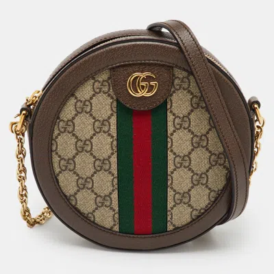 Pre-owned Gucci Brown/beige Gg Supreme Canvas And Leather Mini Ophidia Round Bag