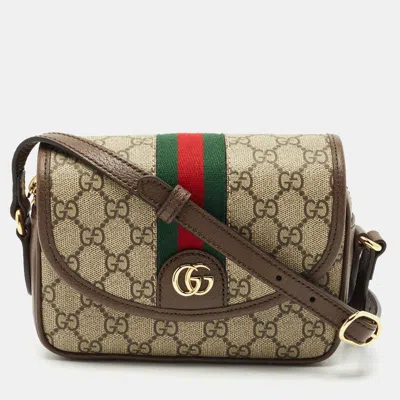 Pre-owned Gucci Brown/beige Gg Supreme Canvas And Leather Ophidia Flap Crossbody Bag