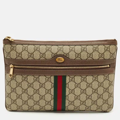 Pre-owned Gucci Brown/beige Gg Supreme Canvas Ophidia Pouch