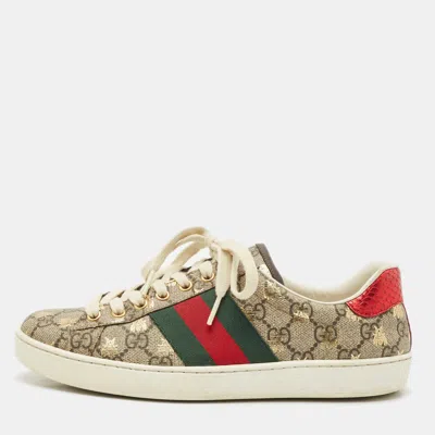 Pre-owned Gucci Brown/beige Gg Supreme Canvas Printed Bee Ace Sneakers Size 39