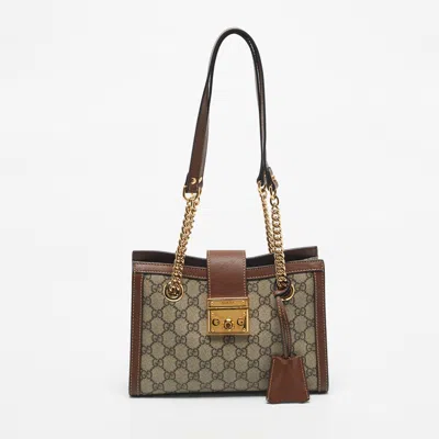 Pre-owned Gucci Brown/beige Gg Supreme Canvas Small Padlock Tote
