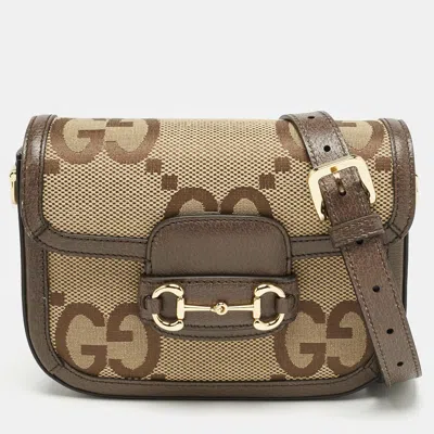 Pre-owned Gucci Brown/beige Jumbo Gg Canvas And Leather Mini Horsebit 1955 Shoulder Bag