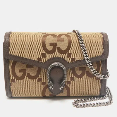 Pre-owned Gucci Brown/beige Jumbo Gg Canvas Dionysus Wallet On Chain