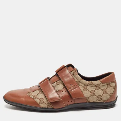 Pre-owned Gucci Brown/beige Leather And Gg Canvas Velcro Sneakers Size 43