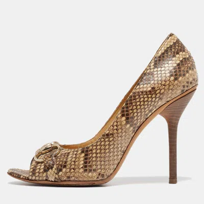 Pre-owned Gucci Brown/beige Snakeskin Horsebit Open Toe Pumps Size 40