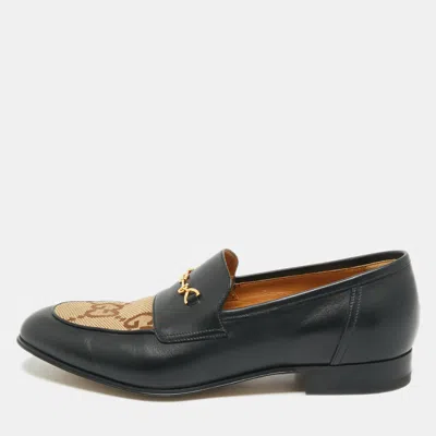 Pre-owned Gucci Brown/black Leather And Macro Gg Canvas Jakarta Loafers Size 41.5