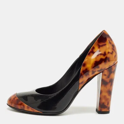 Pre-owned Gucci Brown/black Patent Leather Block Heel Pumps Size 36