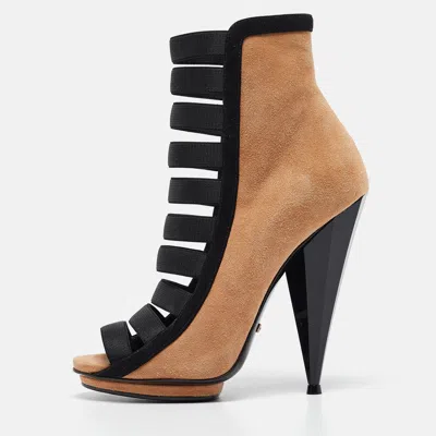 Pre-owned Gucci Brown/black Suede And Fabric Olimpia Strappy Ankle Boots Size 35.5
