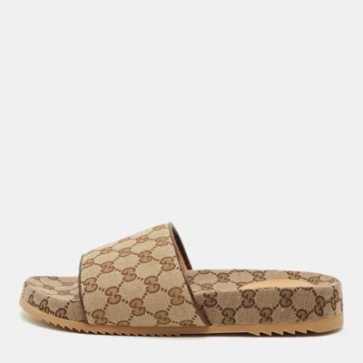Pre-owned Gucci Brown/burgundy Gg Canvas And Leather Flat Slides Size 43