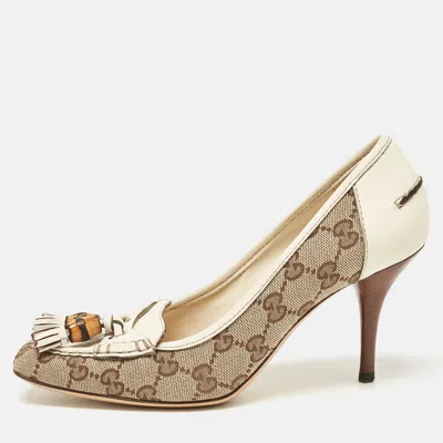 Pre-owned Gucci Brown/cream Monogram Canvas And Leather Loafer Pumps Size 36.5