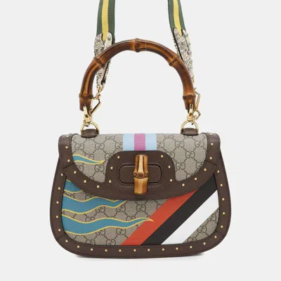 Pre-owned Gucci Brown/multicolor Pvc Leather Gg Supreme Bamboo 2way Top Handle Bag