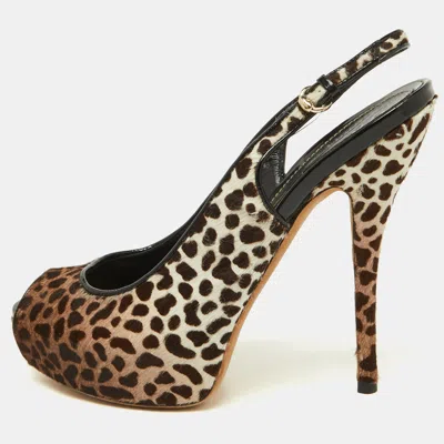 Pre-owned Gucci Brown/white Leopard Print Calfhair Sofia Platform Slingback Sandals Size 36