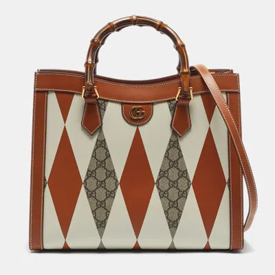 Pre-owned Gucci Brown/white Rhombus Print Leather Medium Diana Tote