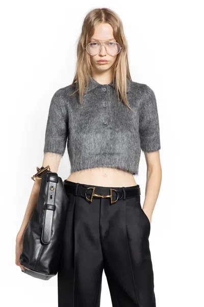 Gucci Brushed Mohair Cropped Polo Top In Gray