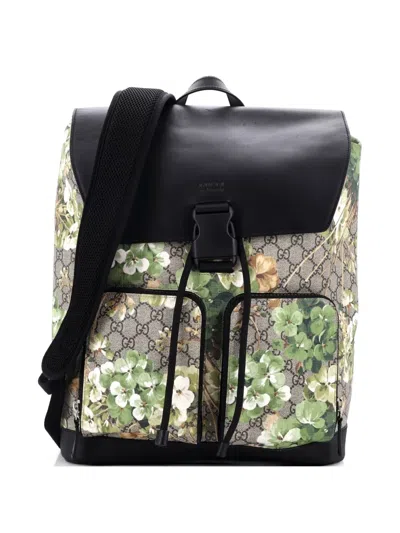 Pre-owned Gucci Buckle Blooms Print Gg Coated Canvas And Leather Backpack