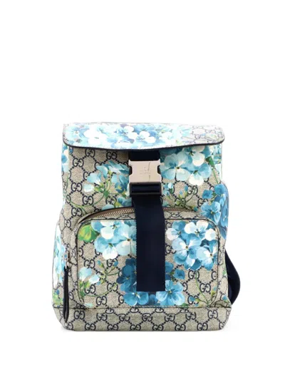 Pre-owned Gucci Buckle Blooms Print Gg Coated Canvas Small Backpack In Brown
