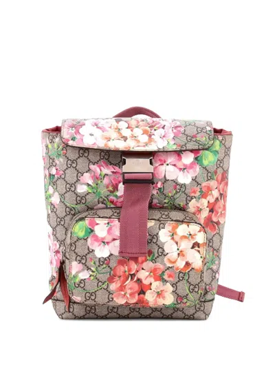 Pre-owned Gucci Buckle Blooms Print Gg Coated Canvas Small Backpack In Multi