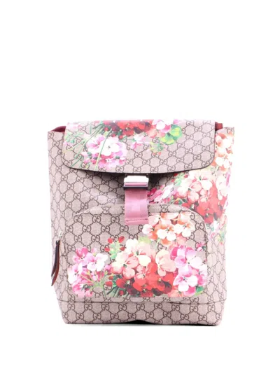 Pre-owned Gucci Buckle Blooms Print Gg Coated Canvas Small Backpack In Pink