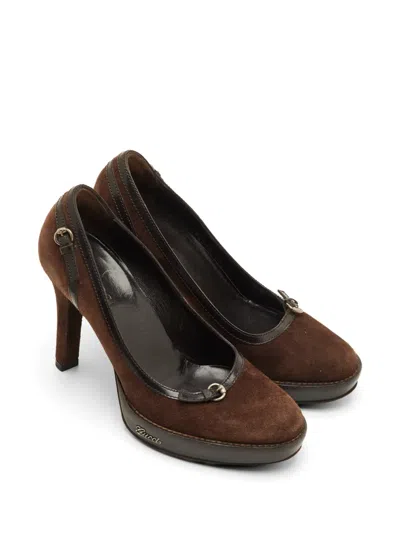 Pre-owned Gucci Buckle Detail Platform Pumps In Brown