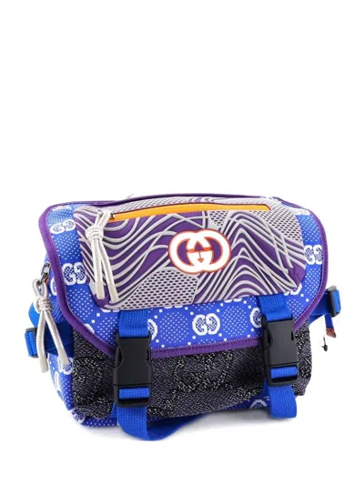 Pre-owned Gucci Buckle Flap Chest Strap Gg Fabric With Rubber Backpack In Blue