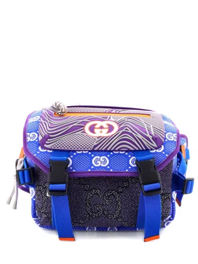 Pre-owned Gucci Buckle Flap Chest Strap Gg Fabric With Rubber Backpack In Blue