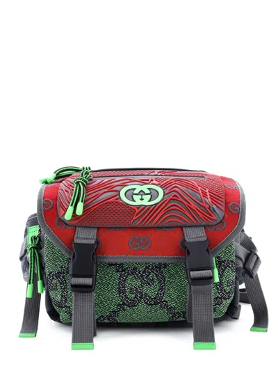 Pre-owned Gucci Buckle Flap Chest Strap Gg Fabric With Rubber Backpack In Red