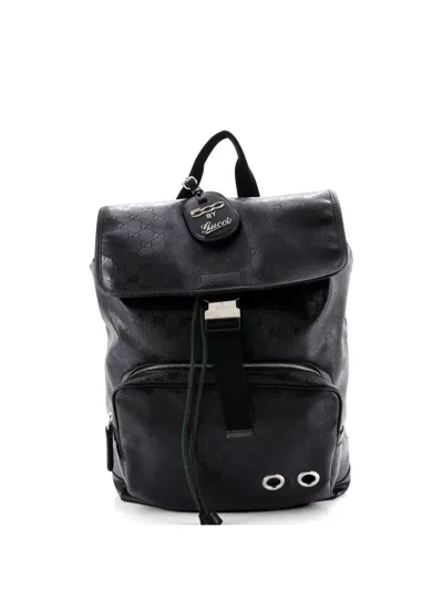 Pre-owned Gucci Buckle Gg Imprime Large Backpack In Black