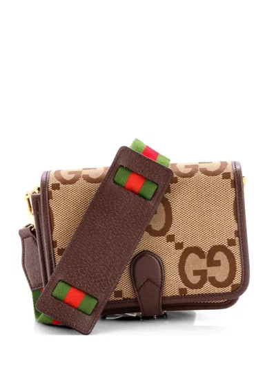 Pre-owned Gucci Buckle Messenger Bag Jumbo Gg Canvas Small Crossbody Bag In Brown