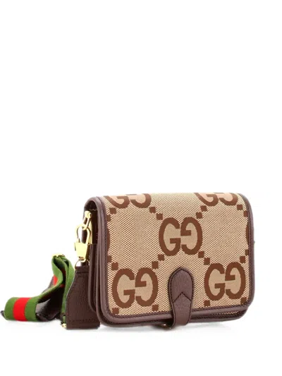 Pre-owned Gucci Buckle Messenger Bag Jumbo Gg Canvas Small Crossbody Bag In Brown