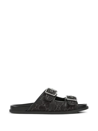 Gucci Rhein Slide Sandals Signature Gg Denim In Black