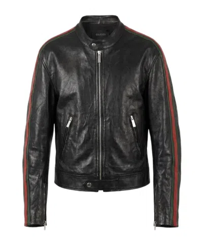 Gucci Buffalo Leather Biker Jacket With Web In Brown