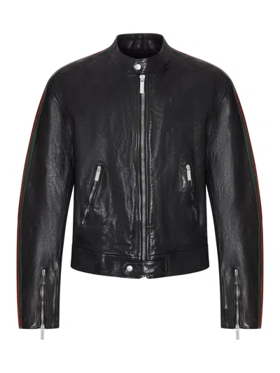 Gucci Buffalo Leather Bomber Jacket With Webbing In Black