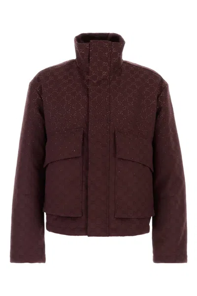 Gucci Gg Canvas Padded Jacket With Crystals In Burgundy