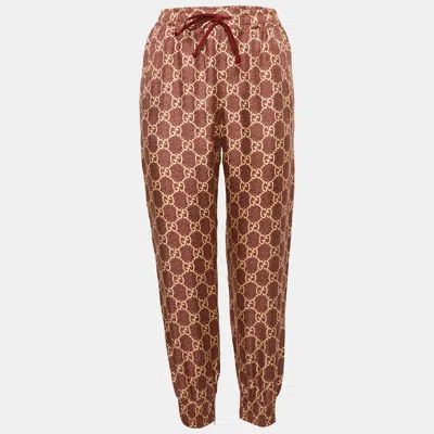 Pre-owned Gucci Burgundy Gg Print Silk Side Tape Trimmed Joggers S