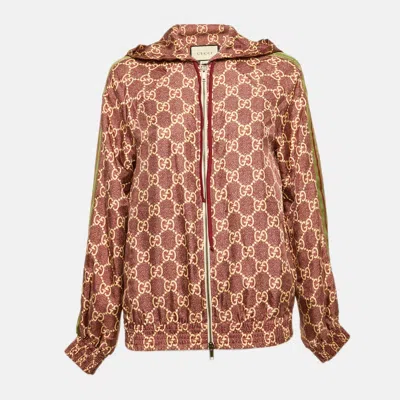 Pre-owned Gucci Burgundy Gg Supreme Silk Zip-up Jacket Xs