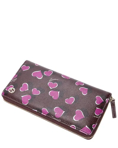 Pre-owned Gucci Burgundy Heart Print Leather Heartbeat Zip Around Wallet (authentic Pre-loved)