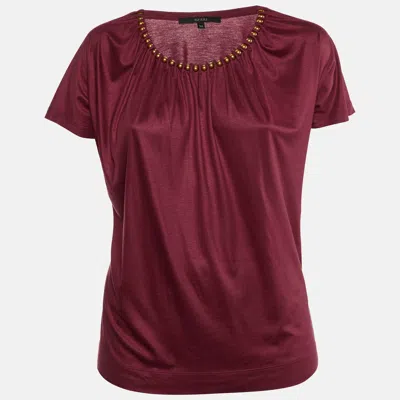 Pre-owned Gucci Burgundy Jersey Beaded Neck Top Xs