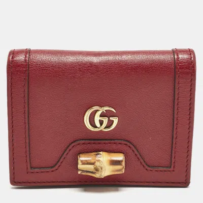 Pre-owned Gucci Burgundy Leather Bamboo Diana Card Case