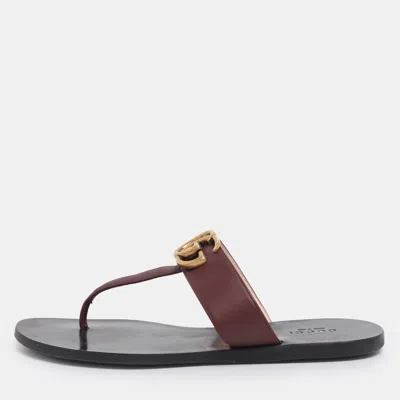 Pre-owned Gucci Burgundy Leather Gg Marmont Thong Flats Size 36