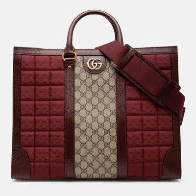 Pre-owned Gucci Burgundy Medium Gg Supreme And Quilted Mini Gg Canvas Double G Tote