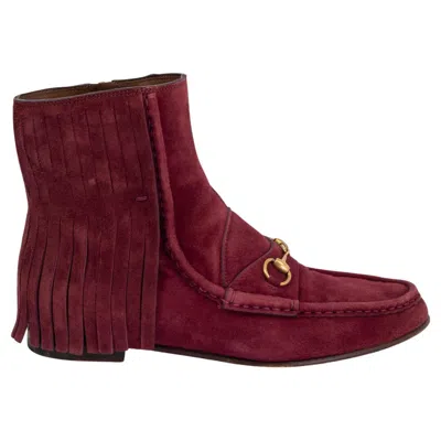 Pre-owned Gucci Burgundy Suede 2014 Fringed Horsebit Loafer Boots Shoes 37.5 In Red